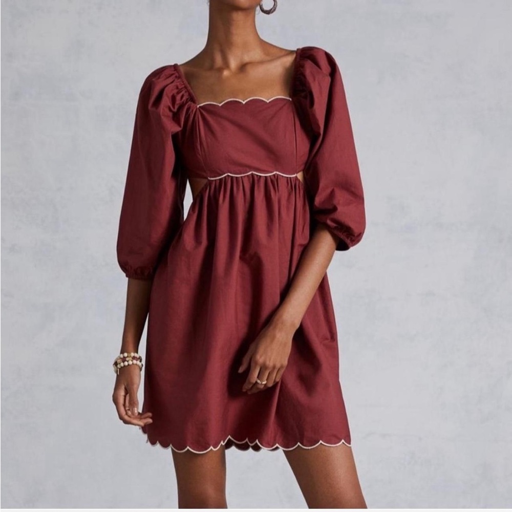 Anthropologie Burgundy Mini Dress with Puff Sleeves
